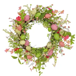 Store National Tree Company Artificial Spring Wreath, Woven Branch Base, Decorated With Pink Flower Blooms, Pastel Eggs, Berries, Easter Collection, 20 Inches