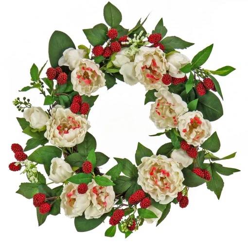 Sale National Tree Company Artificial Spring Wreath, Woven Branch Base, Decorated With Peony Flowers, Raspberries, Leafy Greens, Spring Collection, 22 Inches