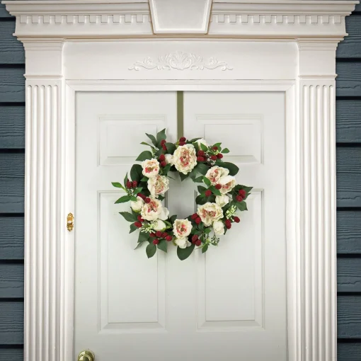 Sale National Tree Company Artificial Spring Wreath, Woven Branch Base, Decorated With Peony Flowers, Raspberries, Leafy Greens, Spring Collection, 22 Inches