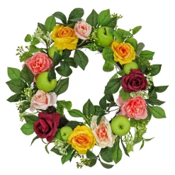 Sale National Tree Company Artificial Spring Wreath, Woven Branch Base, Decorated With Rose And Peony Blooms, Apples, Leafy Greens, Spring Collection, 22 Inches