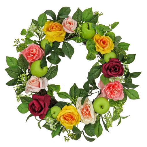 Sale National Tree Company Artificial Spring Wreath, Woven Branch Base, Decorated With Rose And Peony Blooms, Apples, Leafy Greens, Spring Collection, 22 Inches
