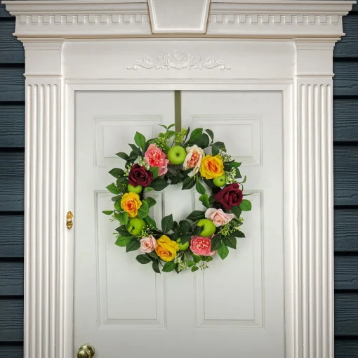 Sale National Tree Company Artificial Spring Wreath, Woven Branch Base, Decorated With Rose And Peony Blooms, Apples, Leafy Greens, Spring Collection, 22 Inches