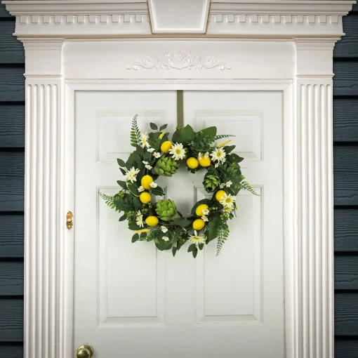 Hot National Tree Company Artificial Spring Wreath, Woven Branch Base, Decorated With Lemons, Artichokes, Daisy Blooms, Leafy Greens, Spring Collection, 22 Inches