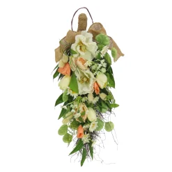 Flash Sale National Tree Company Artificial Teardrop Wall Hanging Decoration, Pink, Woven Branch Base, Decorated With Tulip Blooms, Poppies, Buttercup Blossoms, Flowing Green Stems, Spring Collection, 26 Inches