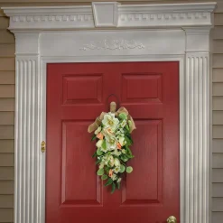 Flash Sale National Tree Company Artificial Teardrop Wall Hanging Decoration, Pink, Woven Branch Base, Decorated With Tulip Blooms, Poppies, Buttercup Blossoms, Flowing Green Stems, Spring Collection, 26 Inches