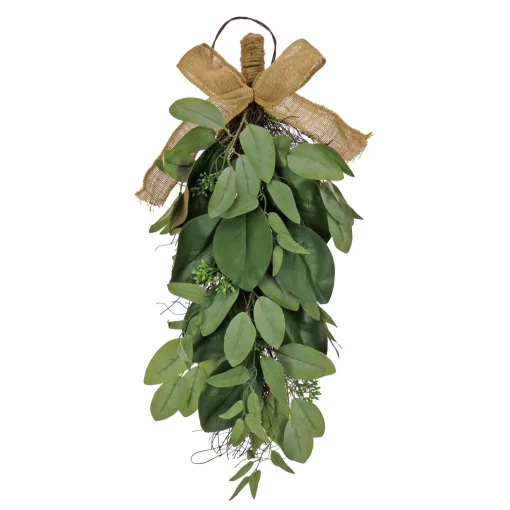Best National Tree Company Artificial Teardrop Wall Hanging Decoration, Green, Woven Branch Base, Decorated With Eucalyptus Leaves, Magnolia Blooms, Flowing Green Stems, Spring Collection, 26 Inches