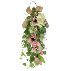 Online National Tree Company Artificial Teardrop Wall Hanging Decoration, Pink, Woven Branch Base, Decorated With Hydrangea And Tulip Blooms, Eucalyptus Leaves, Flowing Green Stems, Spring Collection, 26 Inches