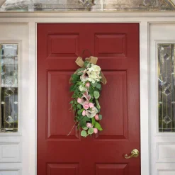 Online National Tree Company Artificial Teardrop Wall Hanging Decoration, Pink, Woven Branch Base, Decorated With Hydrangea And Tulip Blooms, Eucalyptus Leaves, Flowing Green Stems, Spring Collection, 26 Inches