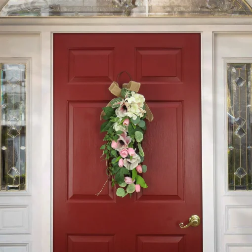 Online National Tree Company Artificial Teardrop Wall Hanging Decoration, Pink, Woven Branch Base, Decorated With Hydrangea And Tulip Blooms, Eucalyptus Leaves, Flowing Green Stems, Spring Collection, 26 Inches