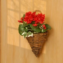 Discount National Tree Company Artificial Wall Cone Basket, Wicker Base, Decorated With Red Geranium Flowers, Ivy, Spring Collection, 11 Inches
