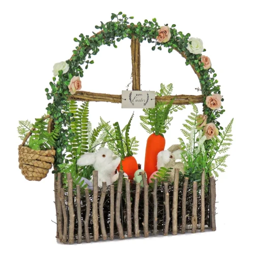 Discount National Tree Company Artificial Window Pane Decoration, Decorated With Bunnies, Carrots, Flower Blooms, Leafy Greens, Easter Collection, 19 Inches