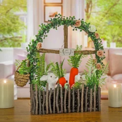 Discount National Tree Company Artificial Window Pane Decoration, Decorated With Bunnies, Carrots, Flower Blooms, Leafy Greens, Easter Collection, 19 Inches