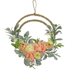 Fashion National Tree Company Artificial Wreath Decoration, Pink, Woven Hoop Ring Base, Decorated With Peony, Rose And Lamb'S Ear Flower Blooms, Seed Pods, Flowing Green Stems, Spring Collection, 18 Inches