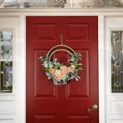 Fashion National Tree Company Artificial Wreath Decoration, Pink, Woven Hoop Ring Base, Decorated With Peony, Rose And Lamb'S Ear Flower Blooms, Seed Pods, Flowing Green Stems, Spring Collection, 18 Inches