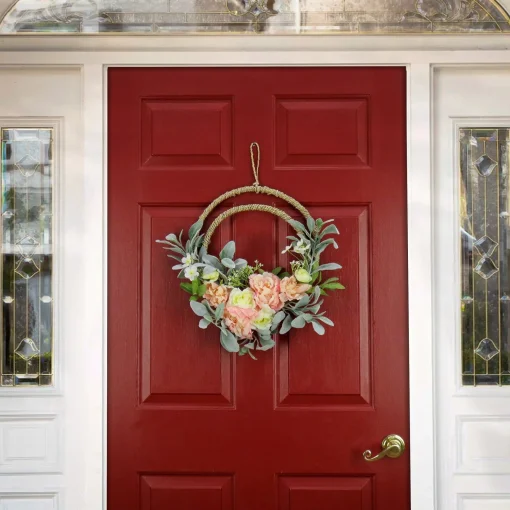 Fashion National Tree Company Artificial Wreath Decoration, Pink, Woven Hoop Ring Base, Decorated With Peony, Rose And Lamb'S Ear Flower Blooms, Seed Pods, Flowing Green Stems, Spring Collection, 18 Inches