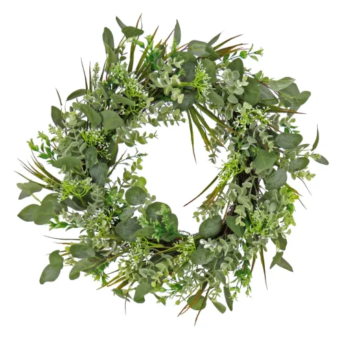 New National Tree Company Artificial Wreath Decoration, Green, Woven Branch Base, Decorated With Eucalyptus Leaves, Flowing Green Stems, Spring Collection, 22 Inches