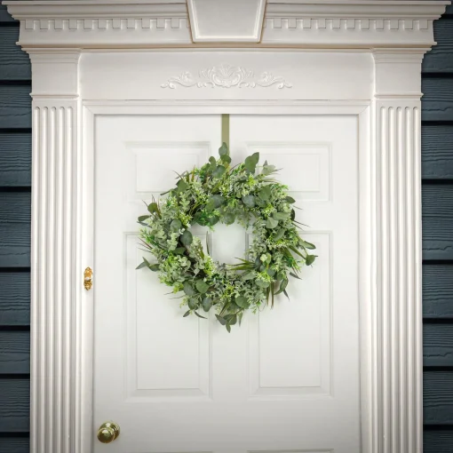 New National Tree Company Artificial Wreath Decoration, Green, Woven Branch Base, Decorated With Eucalyptus Leaves, Flowing Green Stems, Spring Collection, 22 Inches