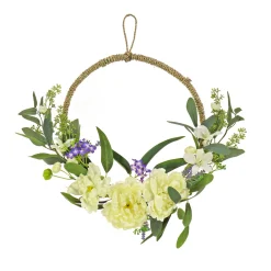 Fashion National Tree Company Artificial Wreath Decoration, Cream, Woven Hoop Ring Base, Decorated With Peony Flower Blooms, Mini Blossoms, Seed Pods, Flowing Green Stems, Spring Collection, 18 Inches
