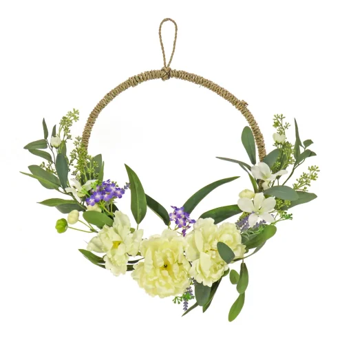 Fashion National Tree Company Artificial Wreath Decoration, Cream, Woven Hoop Ring Base, Decorated With Peony Flower Blooms, Mini Blossoms, Seed Pods, Flowing Green Stems, Spring Collection, 18 Inches