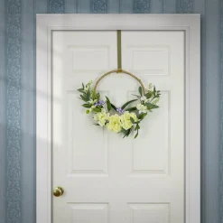 Fashion National Tree Company Artificial Wreath Decoration, Cream, Woven Hoop Ring Base, Decorated With Peony Flower Blooms, Mini Blossoms, Seed Pods, Flowing Green Stems, Spring Collection, 18 Inches