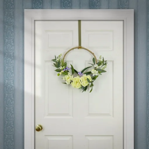 Fashion National Tree Company Artificial Wreath Decoration, Cream, Woven Hoop Ring Base, Decorated With Peony Flower Blooms, Mini Blossoms, Seed Pods, Flowing Green Stems, Spring Collection, 18 Inches