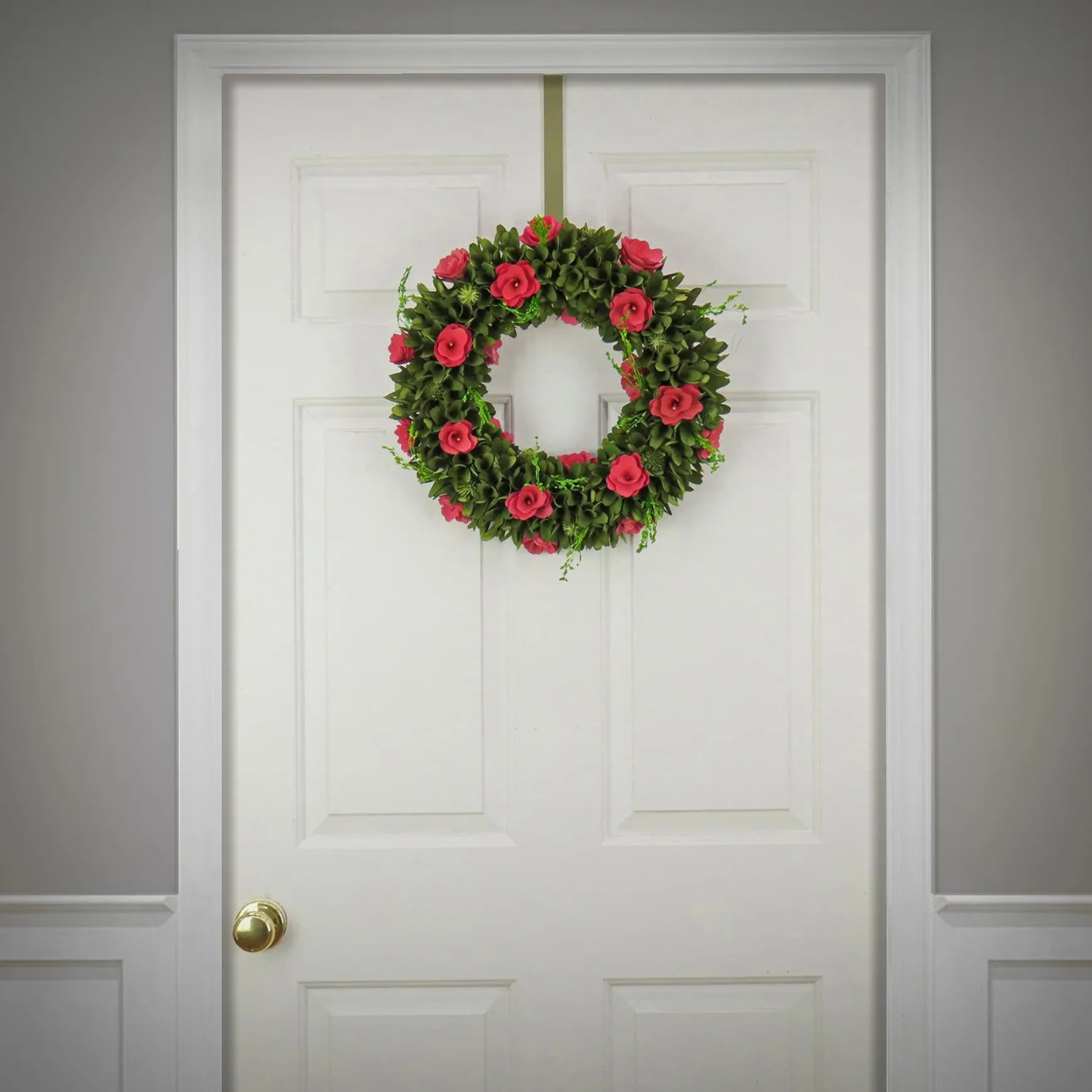 Shop National Tree Company Artificial Wreath Decoration, Pink, Lightweight Foam Base, Decorated With Green Assorted Flower Blooms, Seed Pods, Flowing Green Stems, Spring Collection, 18 Inches