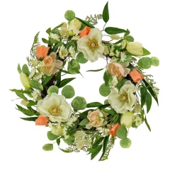Flash Sale National Tree Company Artificial Wreath Decoration, Pink, Woven Branch Base, Decorated With Tulip Blooms, Poppies, Buttercup Blossoms, Flowing Green Stems, Spring Collection, 22 Inches