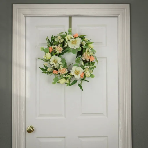 Flash Sale National Tree Company Artificial Wreath Decoration, Pink, Woven Branch Base, Decorated With Tulip Blooms, Poppies, Buttercup Blossoms, Flowing Green Stems, Spring Collection, 22 Inches