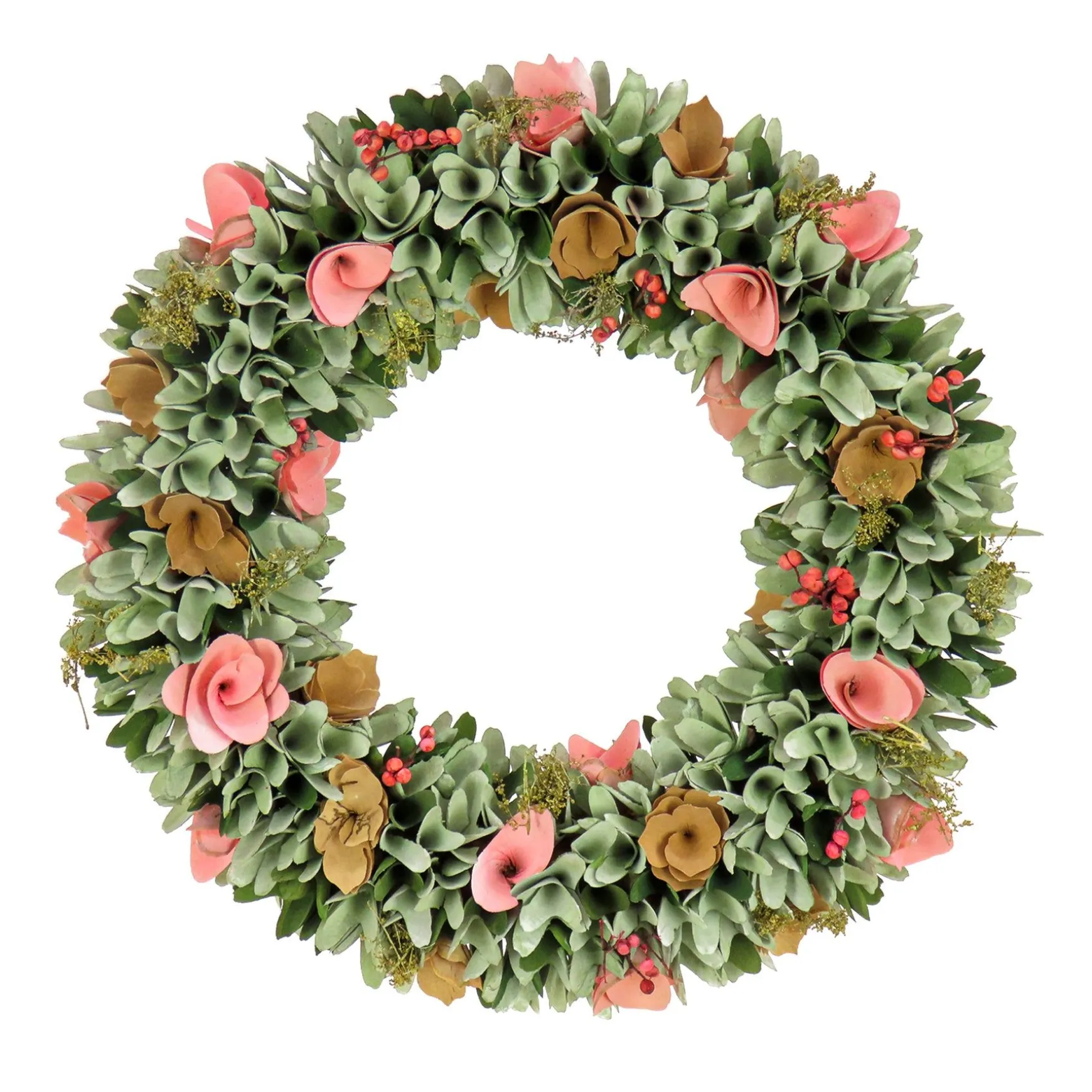 Clearance National Tree Company Artificial Wreath Decoration, Multi, Lightweight Foam Base, Decorated With Pink And Brown Assorted Wood Cut Flowers, Flowing Green Leaves, Spring Collection, 18 Inches