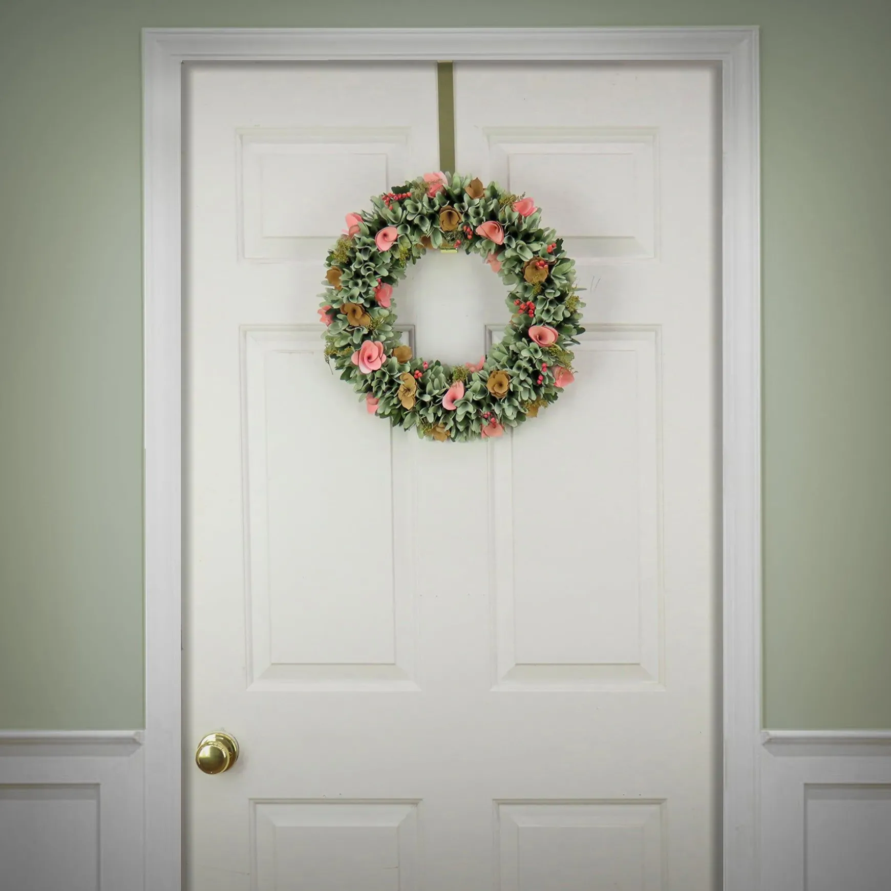 Clearance National Tree Company Artificial Wreath Decoration, Multi, Lightweight Foam Base, Decorated With Pink And Brown Assorted Wood Cut Flowers, Flowing Green Leaves, Spring Collection, 18 Inches