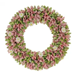 Online National Tree Company Artificial Wreath Decoration, Pink, Lightweight Foam Base, Decorated With Pink And Green Assorted Wood Cut Flowers, Flowing Green Leaves, Spring Collection, 18 Inches