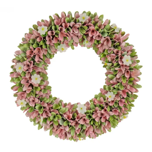 Online National Tree Company Artificial Wreath Decoration, Pink, Lightweight Foam Base, Decorated With Pink And Green Assorted Wood Cut Flowers, Flowing Green Leaves, Spring Collection, 18 Inches