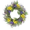 New National Tree Company Artificial Wreath Decoration, Yellow, Woven Branch Base, Decorated With Pansy Blooms, Lavender, Assorted Blossoms, Flowing Green Stems, Spring Collection, 22 Inches