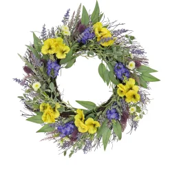 New National Tree Company Artificial Wreath Decoration, Yellow, Woven Branch Base, Decorated With Pansy Blooms, Lavender, Assorted Blossoms, Flowing Green Stems, Spring Collection, 22 Inches