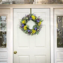 New National Tree Company Artificial Wreath Decoration, Yellow, Woven Branch Base, Decorated With Pansy Blooms, Lavender, Assorted Blossoms, Flowing Green Stems, Spring Collection, 22 Inches