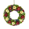 New National Tree Company Artificial Wreath Decoration, Red, Lightweight Foam Base, Decorated With Red And Cream Assorted Wood Cut Flowers, Flowing Green Leaves, Spring Collection, 18 Inches