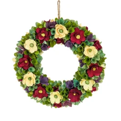 New National Tree Company Artificial Wreath Decoration, Red, Lightweight Foam Base, Decorated With Red And Cream Assorted Wood Cut Flowers, Flowing Green Leaves, Spring Collection, 18 Inches