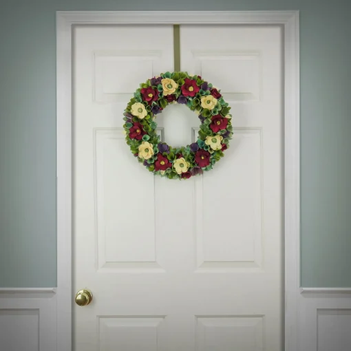 New National Tree Company Artificial Wreath Decoration, Red, Lightweight Foam Base, Decorated With Red And Cream Assorted Wood Cut Flowers, Flowing Green Leaves, Spring Collection, 18 Inches