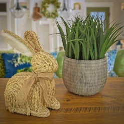 Best National Tree Company Braided Bunny Table Decoration, Made From Woven Cornhusk, Decorated With Woven Ribbon, Easter Collection, 9 Inches