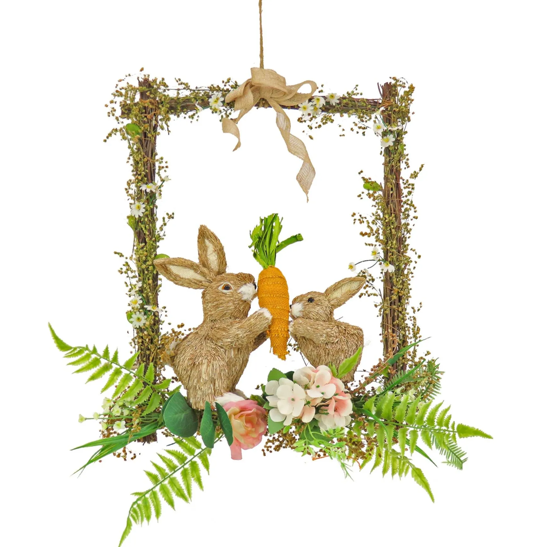 Flash Sale National Tree Company Bunnies Hanging Wall Decoration, Wooden Base, Decorated With Two Bunnies, Carrots, Flower Blooms, Leafy Greens, Easter Collection, 14 Inches