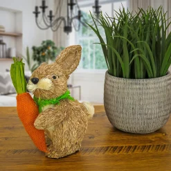 Discount National Tree Company Bunny With Carrot Table Decoration, Natural Wood Fibers On Foam Base, Decorated With Checkered Green Bow, Easter Collection, 12 Inches