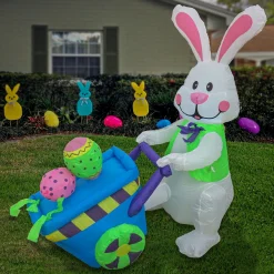 Hot National Tree Company Easter Bunny With Wheelbarrow Inflatable Decoration, White, Easter Collection, 4 Feet