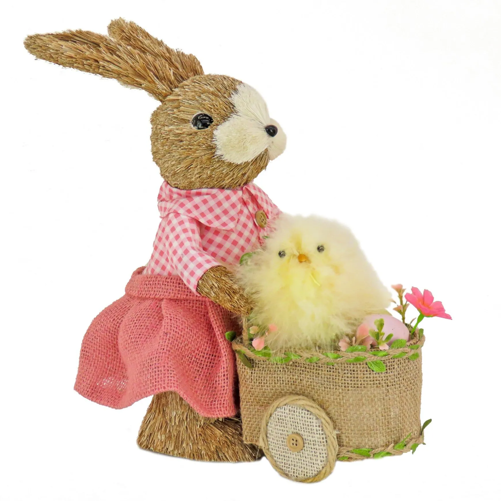 Best National Tree Company Female Bunny With Wagon Table Decoration, Decorated With Pastel Eggs, Chick, Easter Collection, 14 Inches