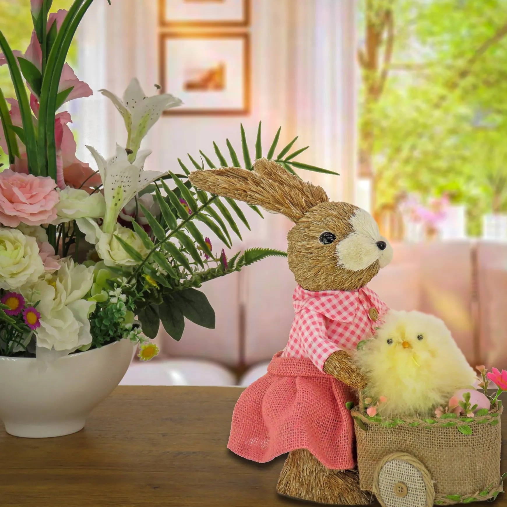 Best National Tree Company Female Bunny With Wagon Table Decoration, Decorated With Pastel Eggs, Chick, Easter Collection, 14 Inches
