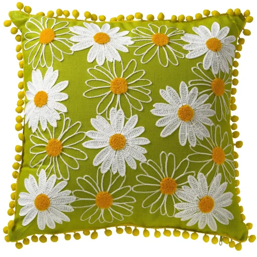 Flash Sale National Tree Company Festive Decorative Pillow, Green, Daisy Flower Bloom Embroidery, Spring Collection, 16 Inches