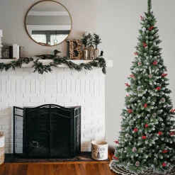 Store National Tree Company First Frosted Traditions Slim Christmas Tree With Hinged Branches, Pinecones And Red Berries, 7.5 Ft