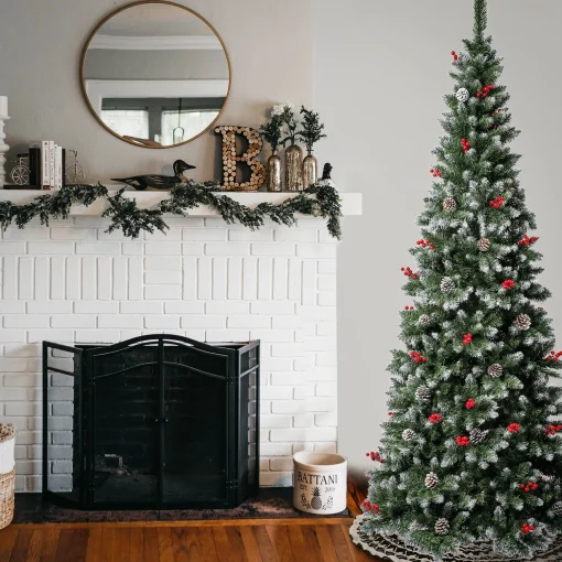 Store National Tree Company First Frosted Traditions Slim Christmas Tree With Hinged Branches, Pinecones And Red Berries, 7.5 Ft