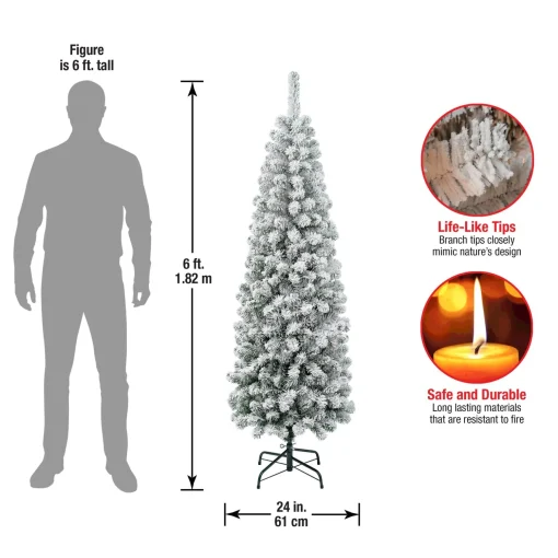 Online National Tree Company First Traditions Collection Artificial Christmas Tree, Acacia, Pencil Slim, Flocked, Includes Stand, 6 Feet