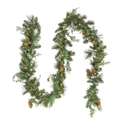 Outlet National Tree Company First Traditions Collection, 9 Ft Pre-Lit Artificial North Conway Garland With Glittery Cones And Eucalyptus, 100 Warm White Led Lights- Battery Operated With Timer