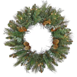 Discount National Tree Company First Traditions Collection, 30" Pre-Lit Artificial North Conway Wreath With Glittery Cones And Eucalyptus
